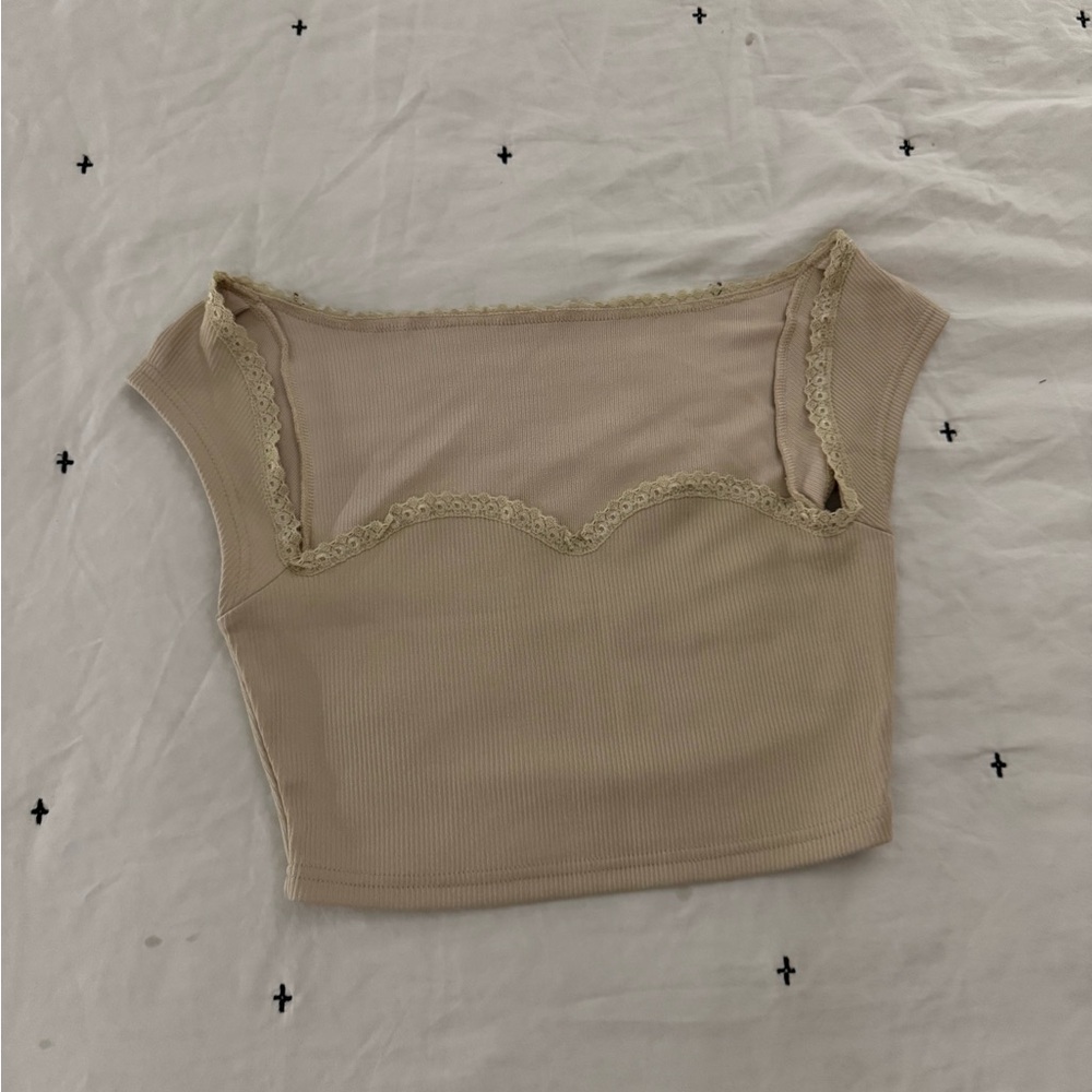 Elegant Tan Lace Trim Women's Top